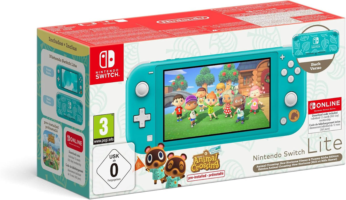 Nintendo Consola Switch Lite Animal Crossing: New Horizons Timmy Y Tommy Aloha Edition (Turquesa) Con Juego Preinstalado Y Suscripción De 12 Meses Switch Online